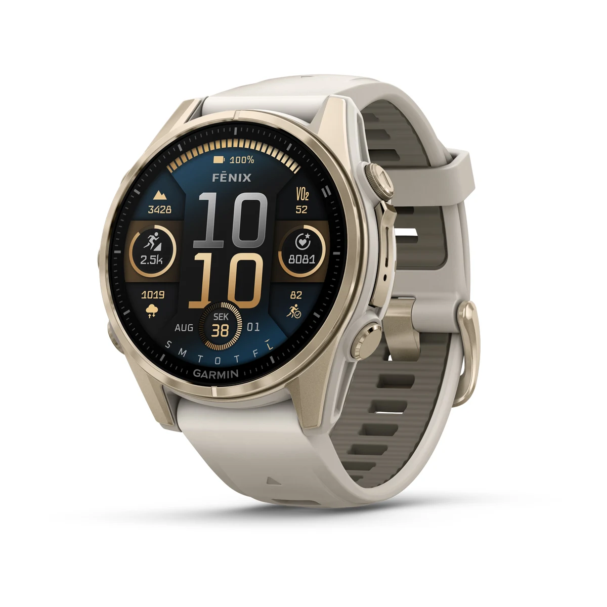 Product Image for Garmin fēnix® 8–43 mm AMOLED Sapphire Mjukt guldfärgad med dimgråttmörkt sandstensfärgat silikonarmband